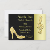 ゴールドのハイヒールとト音記号の40歳記念Save The Date セーブザデート (裏面)