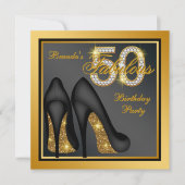 ゴールドのハイヒール靴が華やかな50歳の誕生日パーティー 招待状 (正面)