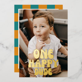 ゴールドのハッピーな男の子1歳の誕生日写真絵文字 箔招待状