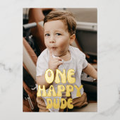 ゴールドのハッピーな男の子1歳の誕生日写真絵文字 箔招待状 (正面)