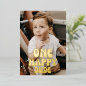 ゴールドのハッピーな男の子1歳の誕生日写真絵文字 箔招待状 (立ち正面)