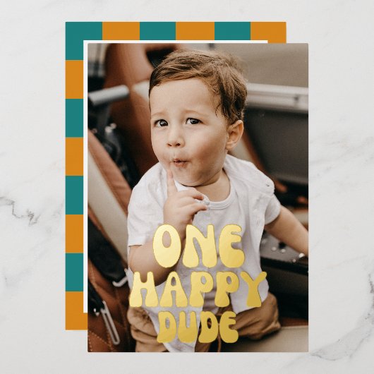 ゴールドのハッピーな男の子1歳の誕生日写真絵文字 箔招待状 (正面/裏面)