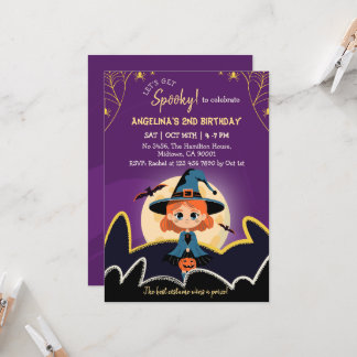 ゴールドのハロウィン2歳の誕生日おめでとう魔女 招待状
