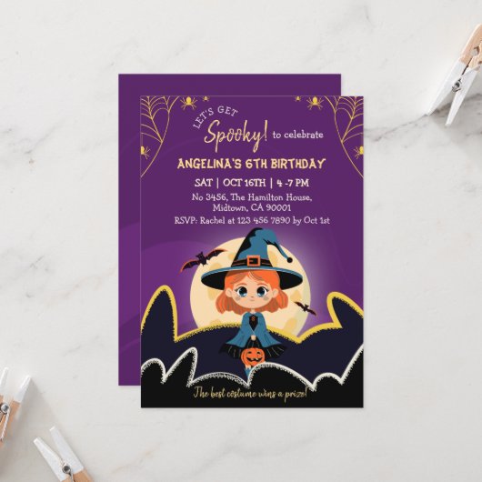 ゴールドのハロウィン6歳の誕生日おめでとう 魔女 招待状 (正面/裏面インサイチュ)