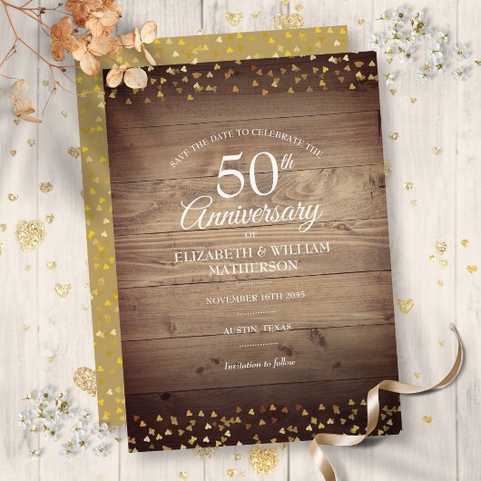 ゴールドのハートが可愛い50周年のアニバーサリーSave the Date 招待状