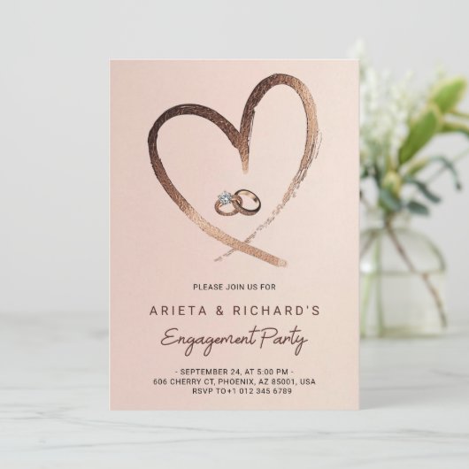 ゴールドのハートのエンゲージメントパーティー招待状 招待状 (スタンド正面)