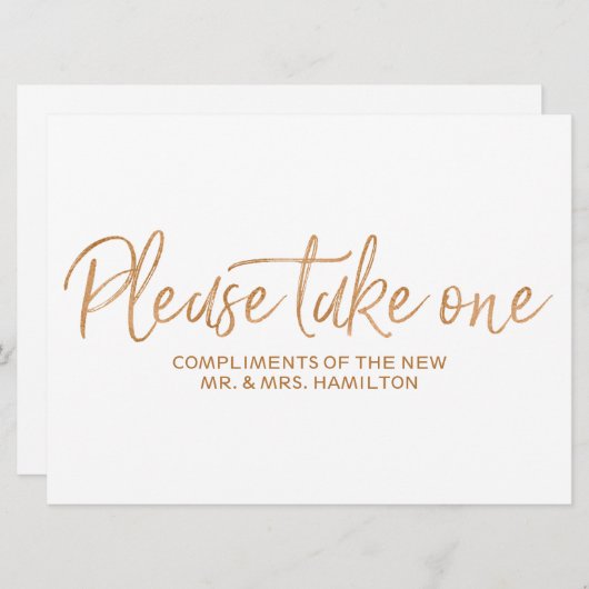 ゴールドのバラの「どうぞおひとつ」ウェディング フェイバーズ サイン 招待状 (正面/裏面)