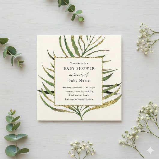 ゴールドのパームリーフベイビーシャワー招待状 招待状
