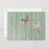 ゴールドのヒトデ & ウッド エレガントビーチ セーブ・ザ・デート 案内ポストカード (正面/裏面)