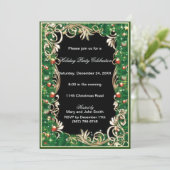 ゴールドのフィリグリーがあしらわれた緑の松のクリスマスパーティーの招待状 招待状 (スタンド正面)