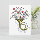 ゴールドのフレンチホルン、ハト、ハート、ライフを祝おう 招待状 (スタンド正面)