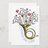 ゴールドのフレンチホルン、ハト、ハート、ライフを祝おう 招待状 (正面/裏面)