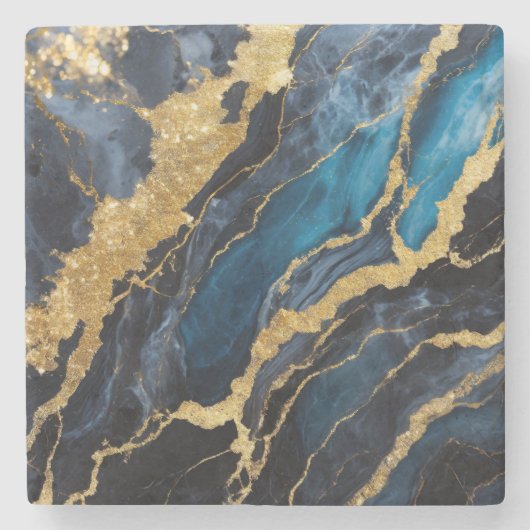ゴールドのブルーマーブルパターン ストーンコースター (正面)