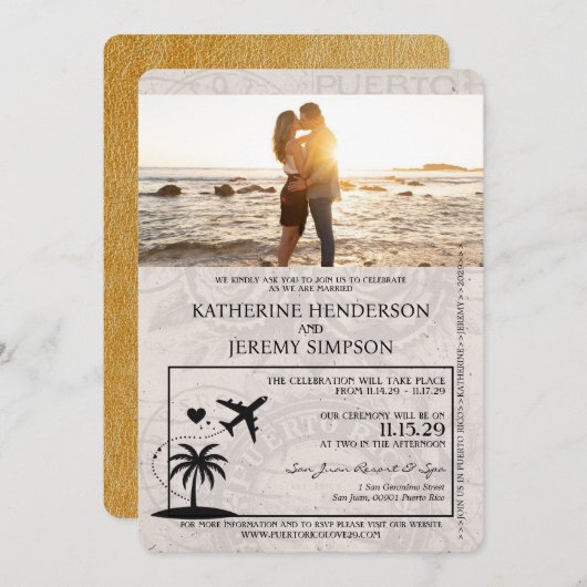 ゴールドのプエルトリコパスポートウェディング 招待状 (正面/裏面)