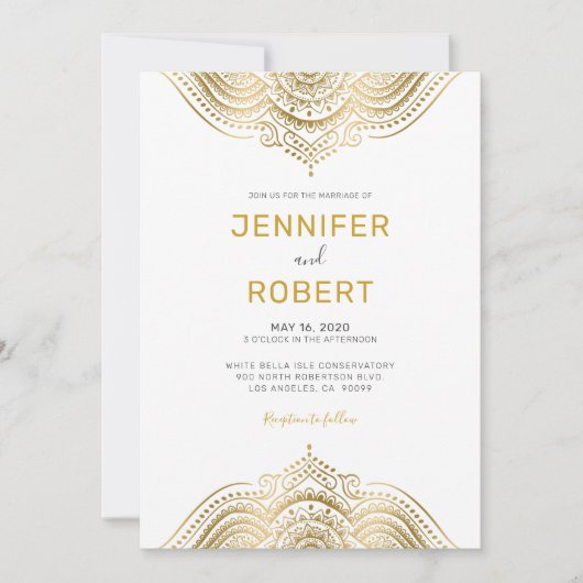 ゴールドのペイズリー模様のレース曼荼羅 招待状 (正面)