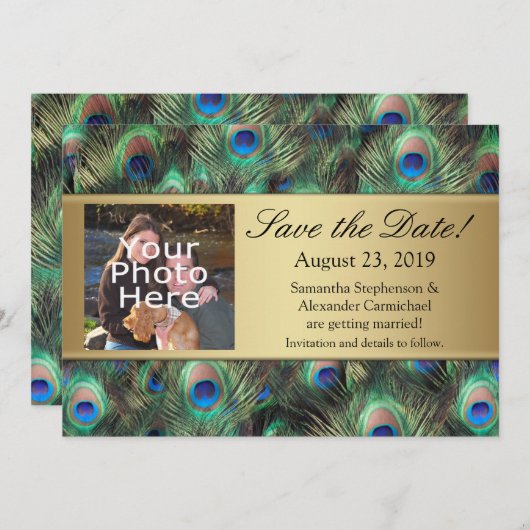 ゴールドのペコックの羽の写真でSave the Date セーブザデート (正面/裏面)