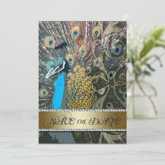 ゴールドのペコック Save the Date 発表 招待状 (スタンド正面)