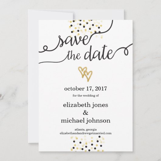 ゴールドのホイルハートとコンフェッティのSave the Date セーブザデート (正面)