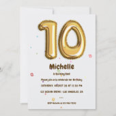 ゴールドのホイル風船とコンフェッティ 10歳の誕生日パーティー 招待状 (正面)