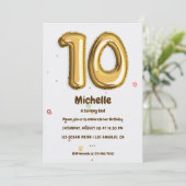 ゴールドのホイル風船とコンフェッティ 10歳の誕生日パーティー 招待状 (スタンド正面)
