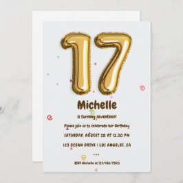 ゴールドのホイル風船とコンフェッティ 17歳の誕生日パーティー 招待状