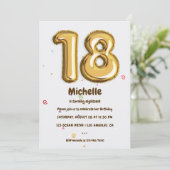 ゴールドのホイル風船とコンフェッティ 18歳の誕生日パーティー 招待状 (スタンド正面)