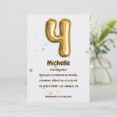 ゴールドのホイル風船とコンフェッティ 4歳の誕生日パーティー 招待状 (スタンド正面)