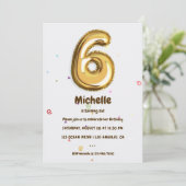 ゴールドのホイル風船とコンフェッティ 6歳の誕生日パーティー 招待状 (スタンド正面)