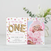 ゴールドのホイル風船 1歳の誕生日写真招待状 招待状 (スタンド正面)