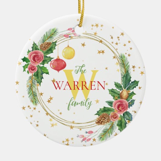 ゴールドのホーリー、松、ビンテージオーナメントの花輪 セラミックオーナメント (正面)