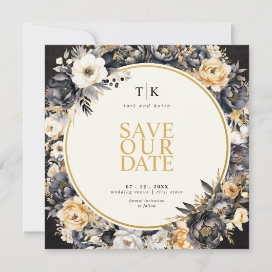 ゴールドのムーディーな黒と白のセーブ・ザ・デート（スクエア） セーブザデート (正面)