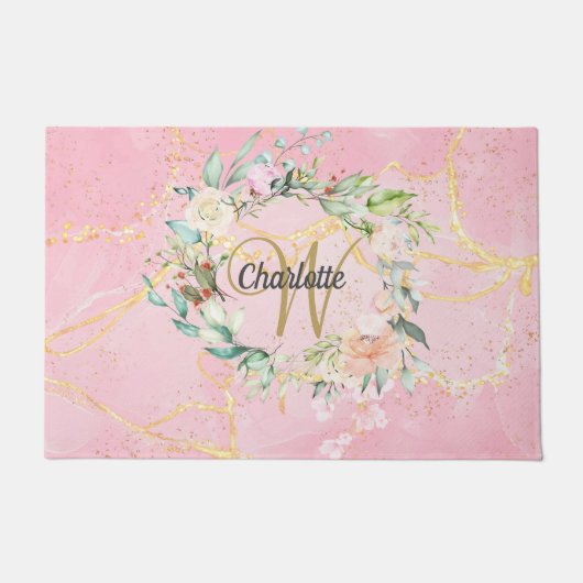 ゴールドのモノグラム入りピンクジオードアゲートの花柄 ドアマット (正面)