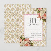 ゴールドのラメと春のブーケの華やかなRSVP 出欠カード (正面/裏面)