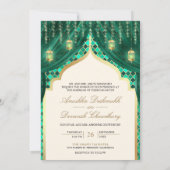 ゴールドのランタン エメラルドグリーンのインドのカップル 結婚式 招待状 (裏面)