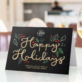 ゴールドのロゴ入りビジネス手書き文字 Happy Holidays ブラック カード