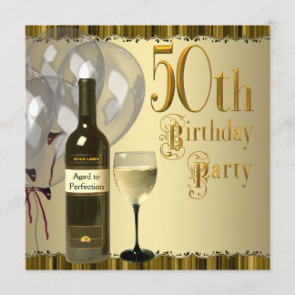 ゴールドのワイングラスボトル 50歳の誕生日パーティー 招待状