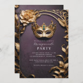ゴールドのヴェネツィアンマスクの仮面舞踏会 招待状 (正面/裏面)