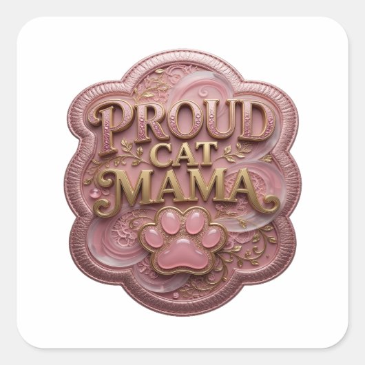 ゴールドの個性派ステッカー PROUD CAT MAMA スクエア スクエアシール (正面)