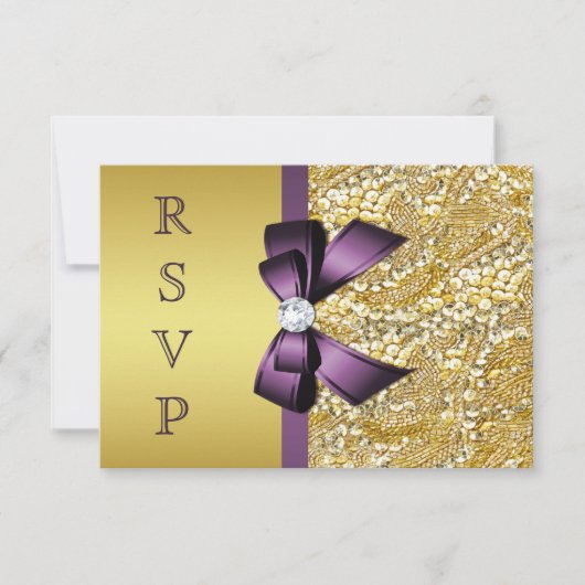 ゴールドの偽のスパンコール ダイヤモンド 紫のリボン RSVP (正面)