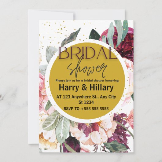 ゴールドの円が付いた花のウェディングシャワー招待状 招待状 (正面)