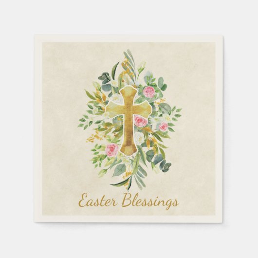 ゴールドの十字架とピンクのバラのカスタムイースター スタンダードカクテルナプキン (正面)
