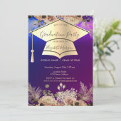 ゴールドの卒業帽と花の卒業証書 招待状 (スタンド正面)