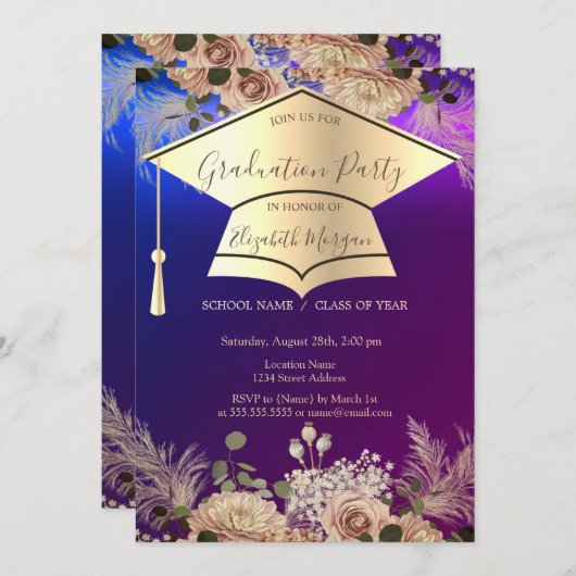 ゴールドの卒業帽と花の卒業証書 招待状 (正面/裏面)