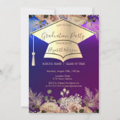 ゴールドの卒業帽と花の卒業 招待状 (正面)