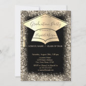 ゴールドの卒業帽のグリッター フレーム 黒の卒業背景 招待状 (正面)