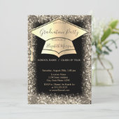 ゴールドの卒業帽のグリッター フレーム 黒の卒業背景 招待状 (スタンド正面)