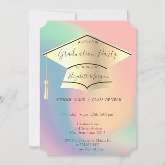 ゴールドの卒業帽,カラフルな卒業 招待状 (正面)