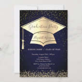 ゴールドの卒業帽、ダイヤモンドとコンフェッティの青い卒業背景 招待状 (正面)