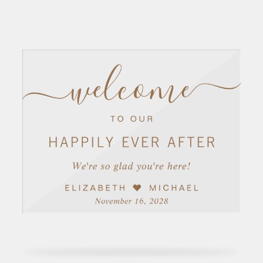 ゴールドの台本の結婚式の歓迎の後に幸せに アクリルサイン (正面)