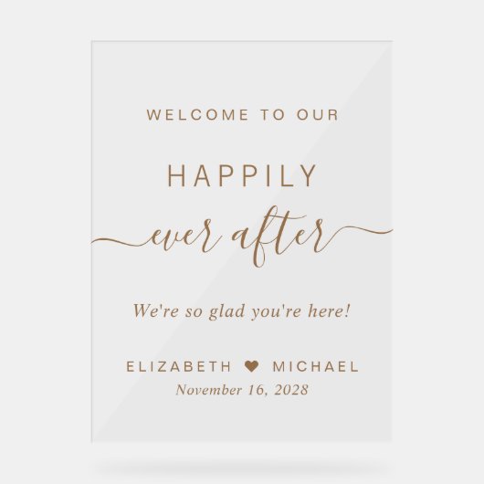 ゴールドの台本の結婚式の歓迎の後に幸せに アクリルサイン (正面)